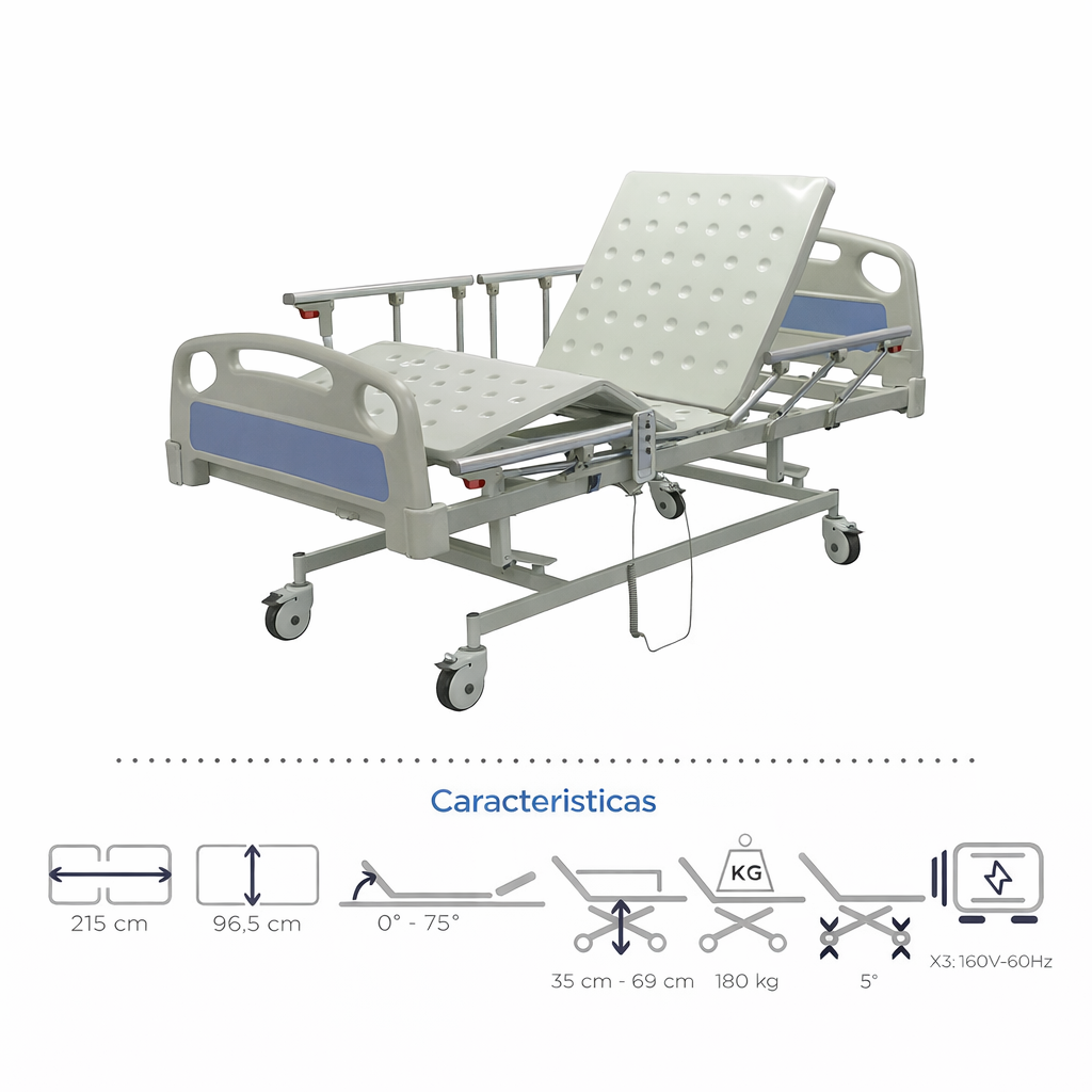 CAMA HOSPITALARIA ELECTRICA EN ABS CON BARANDAS DE 3 FUNCIONES PHYSIOTRAUMA