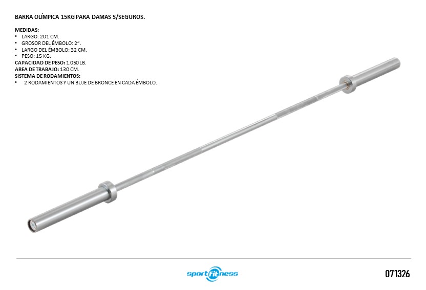 BARRA OLIMPICA PROFESIONAL 2PUL OB80-1000LB MUJER(15KG-201CM) SPORTFITNESS