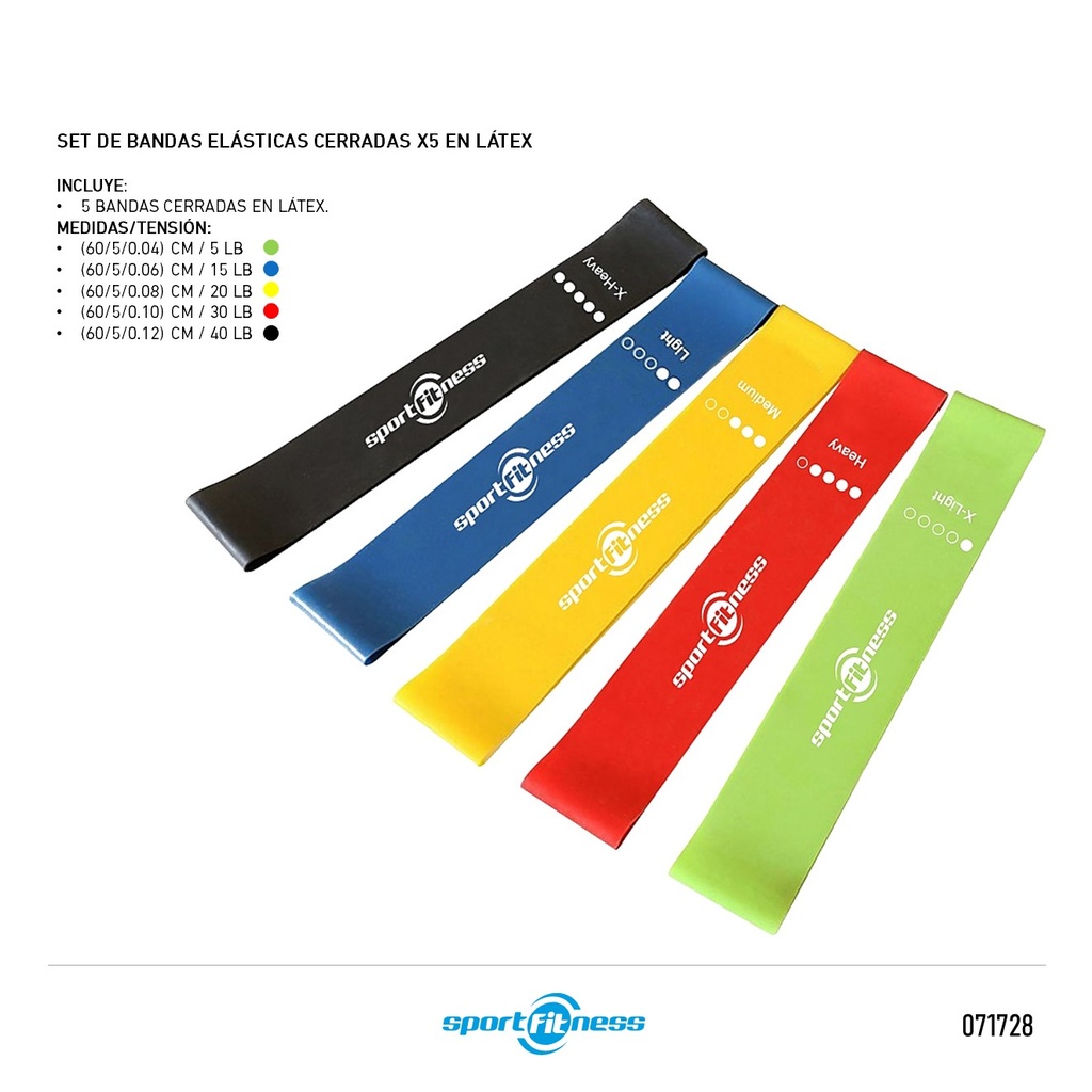 SET DE BANDAS ELASTICAS EN LATEX (SETx5) EB-L-003C SPORTFITNESS
